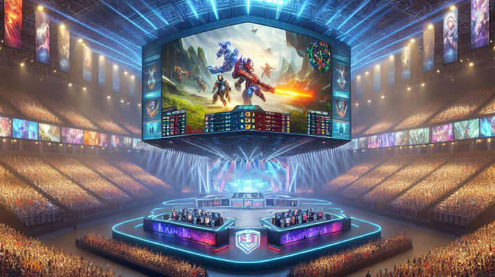 An expansive eGame arena in the MENA region, filled with gamers and spectators, highlighting the importance of Arabic video game localization.